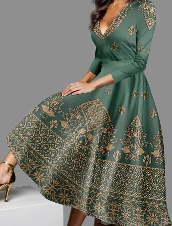 New Women's Midi Dress Vintage Dress Casual Dress Winter Dress Swing Dress Vintage Ethnic Tribal Formal Vacation Party Regular Fit Tribal 3/4 Length Sleeve V Neck Blue Purple Green Fall Winter Women Cocktail Dress