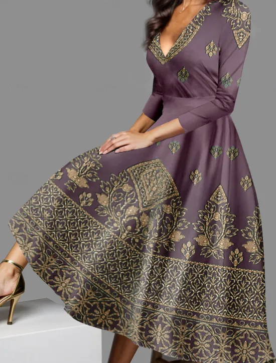 New Women's Midi Dress Vintage Dress Casual Dress Winter Dress Swing Dress Vintage Ethnic Tribal Formal Vacation Party Regular Fit Tribal 3/4 Length Sleeve V Neck Blue Purple Green Fall Winter Women Cocktail Dress