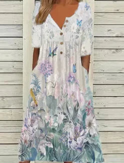 Sale Women's Midi Dress V-Neck Floral Print Short Sleeve A-Line Comfort Blue Beach Party Spring Summer Fashion Clothing Apparel Women Floral Dresses