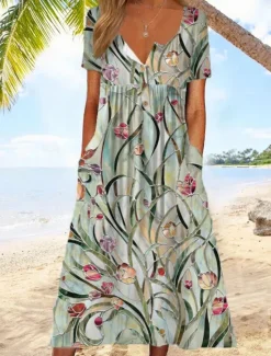 Sale Women's Midi Dress V-Neck Floral Print Short Sleeve A-Line Comfort Blue Beach Party Spring Summer Fashion Clothing Apparel Women Floral Dresses