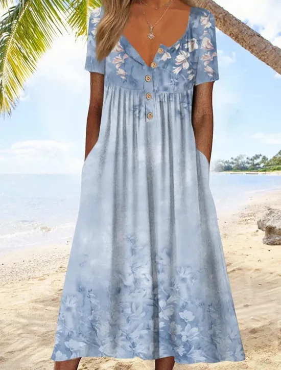 Sale Women's Midi Dress V-Neck Floral Print Short Sleeve A-Line Comfort Blue Beach Party Spring Summer Fashion Clothing Apparel Women Floral Dresses