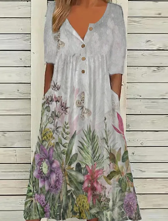 Sale Women's Midi Dress V-Neck Floral Print Short Sleeve A-Line Comfort Blue Beach Party Spring Summer Fashion Clothing Apparel Women Floral Dresses
