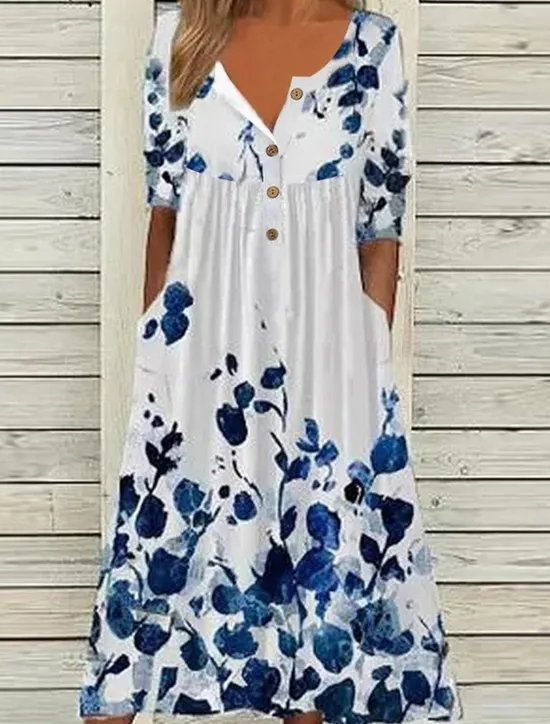Sale Women's Midi Dress V-Neck Floral Print Short Sleeve A-Line Comfort Blue Beach Party Spring Summer Fashion Clothing Apparel Women Floral Dresses