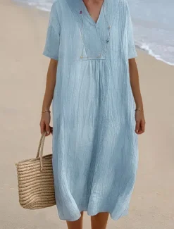 Outlet Women's Midi Dress V-neckline Crinkled Texture Light Short Sleeve Casual Beachwear Loose Fit Breathable Summer Apparel Women Dresses