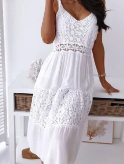 Online Women's Midi Dress Dress Graduation Dress Lace Wedding Dress Boho Dress Fashion Basic Modern Outdoor Daily Weekend Regular Fit Plain Sleeveless Strap Summer Spring Women White Dresses