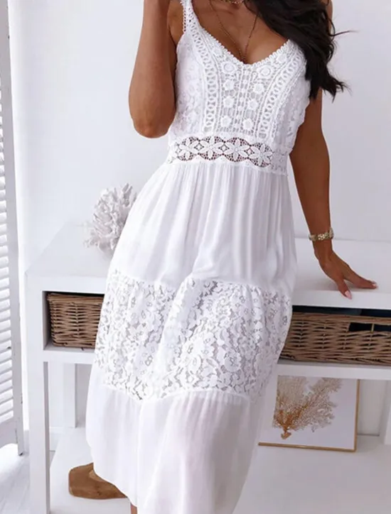 Online Women's Midi Dress Dress Graduation Dress Lace Wedding Dress Boho Dress Fashion Basic Modern Outdoor Daily Weekend Regular Fit Plain Sleeveless Strap Summer Spring Women White Dresses