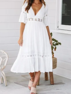 New Women's Midi Dress Dress Lace Dress Casual Dress A Line Dress Elegant Streetwear A Line Vacation Street Holiday Loose Fit 3/4 Length Sleeve V Neck Summer Women White Dresses