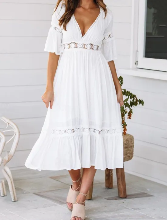 New Women's Midi Dress Dress Lace Dress Casual Dress A Line Dress Elegant Streetwear A Line Vacation Street Holiday Loose Fit 3/4 Length Sleeve V Neck Summer Women White Dresses