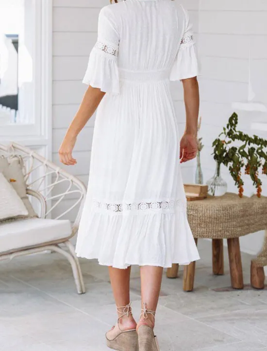 New Women's Midi Dress Dress Lace Dress Casual Dress A Line Dress Elegant Streetwear A Line Vacation Street Holiday Loose Fit 3/4 Length Sleeve V Neck Summer Women White Dresses