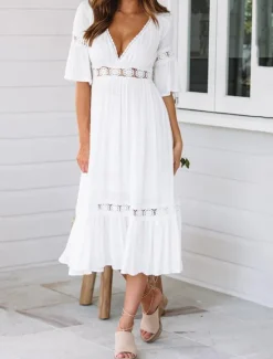 New Women's Midi Dress Dress Lace Dress Casual Dress A Line Dress Elegant Streetwear A Line Vacation Street Holiday Loose Fit 3/4 Length Sleeve V Neck Summer Women White Dresses
