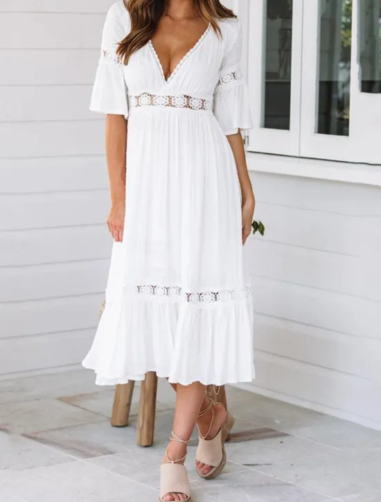 New Women's Midi Dress Dress Lace Dress Casual Dress A Line Dress Elegant Streetwear A Line Vacation Street Holiday Loose Fit 3/4 Length Sleeve V Neck Summer Women White Dresses