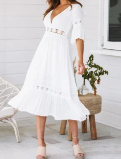 New Women's Midi Dress Dress Lace Dress Casual Dress A Line Dress Elegant Streetwear A Line Vacation Street Holiday Loose Fit 3/4 Length Sleeve V Neck Summer Women White Dresses