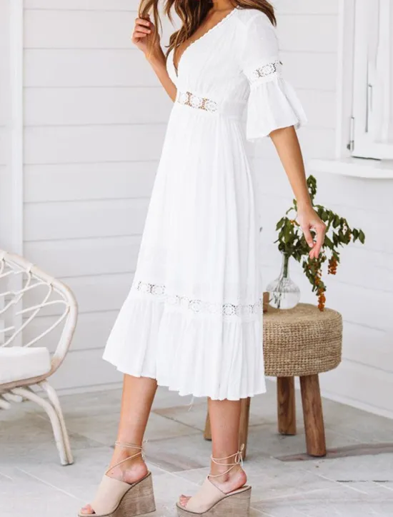 New Women's Midi Dress Dress Lace Dress Casual Dress A Line Dress Elegant Streetwear A Line Vacation Street Holiday Loose Fit 3/4 Length Sleeve V Neck Summer Women White Dresses