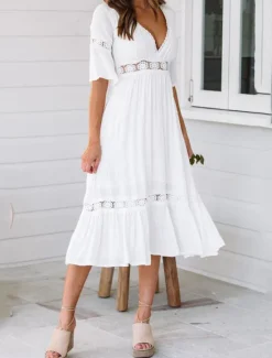 New Women's Midi Dress Dress Lace Dress Casual Dress A Line Dress Elegant Streetwear A Line Vacation Street Holiday Loose Fit 3/4 Length Sleeve V Neck Summer Women White Dresses
