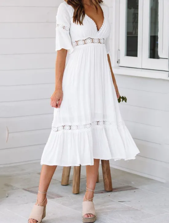 New Women's Midi Dress Dress Lace Dress Casual Dress A Line Dress Elegant Streetwear A Line Vacation Street Holiday Loose Fit 3/4 Length Sleeve V Neck Summer Women White Dresses