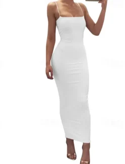 Outlet Women's Midi Dress White Dress Graduation Dress Party Dress Slip Dress Elegant Fashion Party Birthday Holiday Regular Fit Plain Sleeveless Spaghetti Strap Black White Red Summer Women White Dresses
