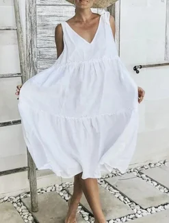 Outlet Women's Midi Dress White Dress Casual Dress Sundress Elegant Modern Daily Summer Dress Loose Fit Plain Pure Color Sleeveless Deep V Lace Up Neck Black White Red Summer Women White Dresses