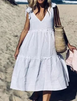 Outlet Women's Midi Dress White Dress Casual Dress Sundress Elegant Modern Daily Summer Dress Loose Fit Plain Pure Color Sleeveless Deep V Lace Up Neck Black White Red Summer Women White Dresses