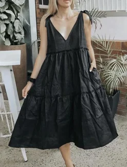 Outlet Women's Midi Dress White Dress Casual Dress Sundress Elegant Modern Daily Summer Dress Loose Fit Plain Pure Color Sleeveless Deep V Lace Up Neck Black White Red Summer Women White Dresses
