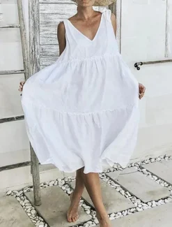 Outlet Women's Midi Dress White Dress Casual Dress Sundress Elegant Modern Daily Summer Dress Loose Fit Plain Pure Color Sleeveless Deep V Lace Up Neck Black White Red Summer Women White Dresses