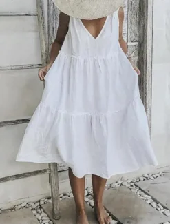 Outlet Women's Midi Dress White Dress Casual Dress Sundress Elegant Modern Daily Summer Dress Loose Fit Plain Pure Color Sleeveless Deep V Lace Up Neck Black White Red Summer Women White Dresses
