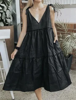 Outlet Women's Midi Dress White Dress Casual Dress Sundress Elegant Modern Daily Summer Dress Loose Fit Plain Pure Color Sleeveless Deep V Lace Up Neck Black White Red Summer Women White Dresses