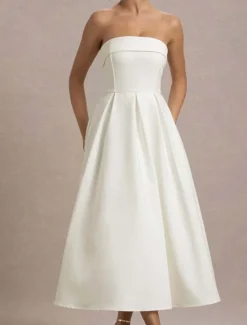 Sale Women's Midi Dress White Dress Graduation Dress Prom Dress Party Dress Fashion Wedding Party Evening Party Regular Fit Plain Sleeveless Strapless Black White Yellow Pink Summer Women White Dresses