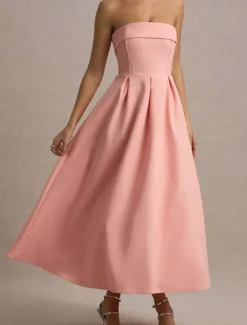 Sale Women's Midi Dress White Dress Graduation Dress Prom Dress Party Dress Fashion Wedding Party Evening Party Regular Fit Plain Sleeveless Strapless Black White Yellow Pink Summer Women White Dresses