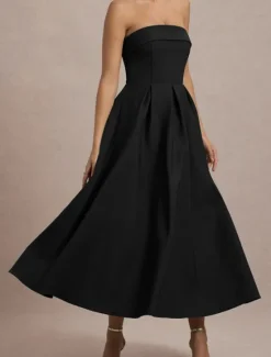 Sale Women's Midi Dress White Dress Graduation Dress Prom Dress Party Dress Fashion Wedding Party Evening Party Regular Fit Plain Sleeveless Strapless Black White Yellow Pink Summer Women White Dresses