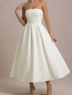 Sale Women's Midi Dress White Dress Graduation Dress Prom Dress Party Dress Fashion Wedding Party Evening Party Regular Fit Plain Sleeveless Strapless Black White Yellow Pink Summer Women White Dresses