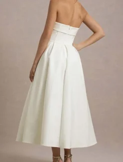 Sale Women's Midi Dress White Dress Graduation Dress Prom Dress Party Dress Fashion Wedding Party Evening Party Regular Fit Plain Sleeveless Strapless Black White Yellow Pink Summer Women White Dresses