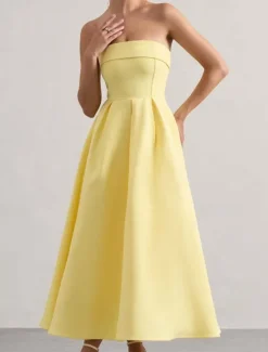 Sale Women's Midi Dress White Dress Graduation Dress Prom Dress Party Dress Fashion Wedding Party Evening Party Regular Fit Plain Sleeveless Strapless Black White Yellow Pink Summer Women White Dresses