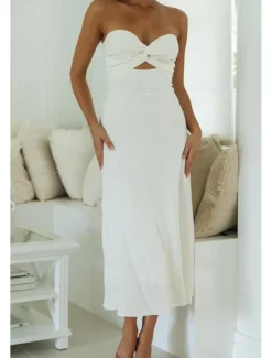 Sale Women's Midi Dress White Dress Graduation Dress Fashion Vacation Birthday Holiday Regular Fit Plain Sleeveless Strapless White Yellow Green Summer Women White Dresses