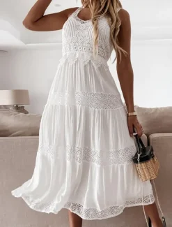 Women's Midi Dress Dress Lace Wedding Dress Boho Dress Elegant Classic Daily Date Weekend Regular Fit Plain Sleeveless V Neck Summer Spring Women White Dresses