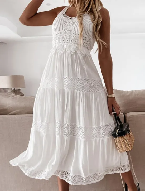 Women's Midi Dress Dress Lace Wedding Dress Boho Dress Elegant Classic Daily Date Weekend Regular Fit Plain Sleeveless V Neck Summer Spring Women White Dresses