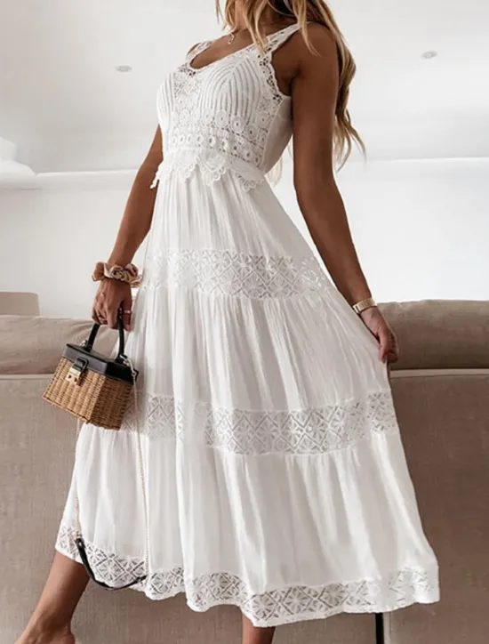 Women's Midi Dress Dress Lace Wedding Dress Boho Dress Elegant Classic Daily Date Weekend Regular Fit Plain Sleeveless V Neck Summer Spring Women White Dresses