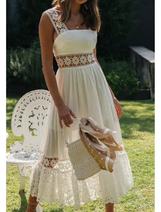 Outlet Women's Midi Dress Dress Graduation Dress Elegant Fashion Modern Vacation Birthday Going out Regular Fit Plain Sleeveless U Neck Summer Women White Dresses