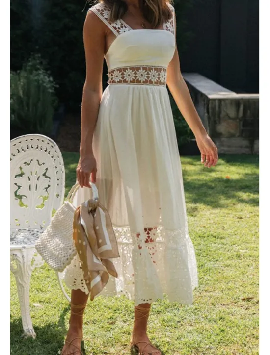 Outlet Women's Midi Dress Dress Graduation Dress Elegant Fashion Modern Vacation Birthday Going out Regular Fit Plain Sleeveless U Neck Summer Women White Dresses