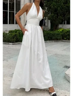 Hot Women's Midi Dress White Dress Fashion Birthday Graduation Date Regular Fit Plain Sleeveless V Neck White Blue Green Apricot Summer Women White Dresses