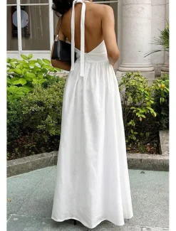 Hot Women's Midi Dress White Dress Fashion Birthday Graduation Date Regular Fit Plain Sleeveless V Neck White Blue Green Apricot Summer Women White Dresses