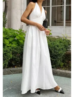 Hot Women's Midi Dress White Dress Fashion Birthday Graduation Date Regular Fit Plain Sleeveless V Neck White Blue Green Apricot Summer Women White Dresses