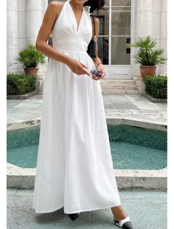 Hot Women's Midi Dress White Dress Fashion Birthday Graduation Date Regular Fit Plain Sleeveless V Neck White Blue Green Apricot Summer Women White Dresses