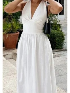 Hot Women's Midi Dress White Dress Fashion Birthday Graduation Date Regular Fit Plain Sleeveless V Neck White Blue Green Apricot Summer Women White Dresses