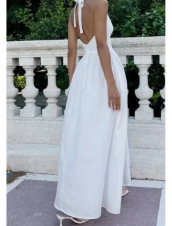 Hot Women's Midi Dress White Dress Fashion Birthday Graduation Date Regular Fit Plain Sleeveless V Neck White Blue Green Apricot Summer Women White Dresses