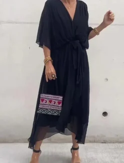 Sale Women's Midi Dress White Dress Casual Dress Cocktail Dress Wedding Guest Dress Elegant Stylish Batwing Sleeve Vacation Daily Date Regular Fit Plain Half Sleeve V Neck Black White Gray Summer Spring Women Cocktail Dress