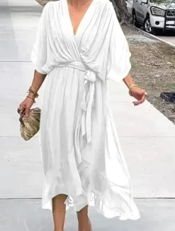 Sale Women's Midi Dress White Dress Casual Dress Cocktail Dress Wedding Guest Dress Elegant Stylish Batwing Sleeve Vacation Daily Date Regular Fit Plain Half Sleeve V Neck Black White Gray Summer Spring Women Cocktail Dress