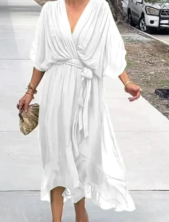 Sale Women's Midi Dress White Dress Casual Dress Cocktail Dress Wedding Guest Dress Elegant Stylish Batwing Sleeve Vacation Daily Date Regular Fit Plain Half Sleeve V Neck Black White Gray Summer Spring Women Cocktail Dress