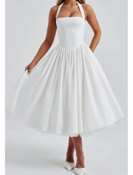 Hot Women's Midi Dress White Dress Graduation Dress Fashion Modern Birthday Holiday Graduation Regular Fit Plain Sleeveless Halter Neck Black White Red Summer Women White Dresses