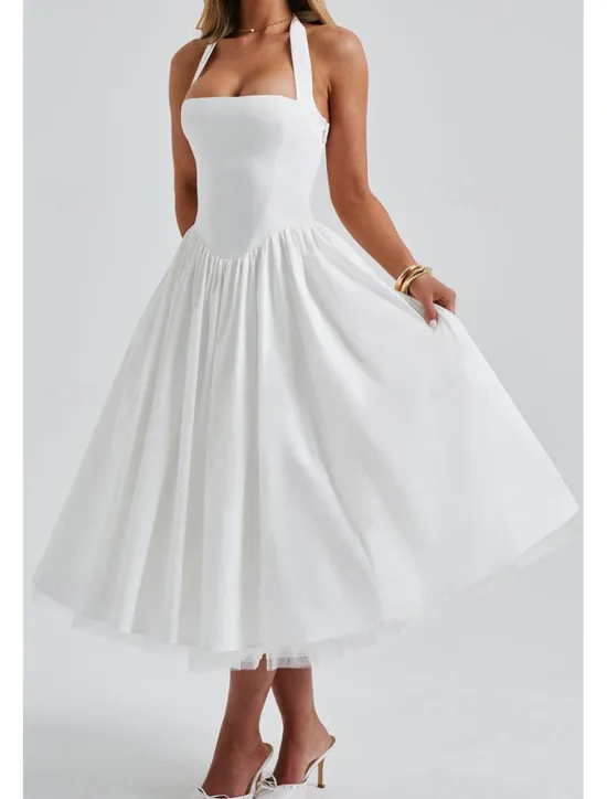 Hot Women's Midi Dress White Dress Graduation Dress Fashion Modern Birthday Holiday Graduation Regular Fit Plain Sleeveless Halter Neck Black White Red Summer Women White Dresses