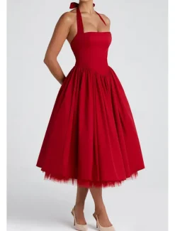 Hot Women's Midi Dress White Dress Graduation Dress Fashion Modern Birthday Holiday Graduation Regular Fit Plain Sleeveless Halter Neck Black White Red Summer Women White Dresses